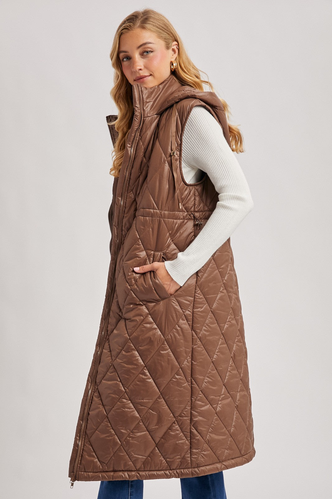Elyse Diamond Quilted Long Hooded Vest - Coco