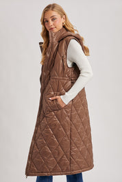 Elyse Diamond Quilted Long Hooded Vest - Coco