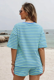 Women’s Striped Cotton Pullover Short 2 Pc Sets