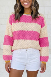 Striped Colorblock Texture Drop Shoulder Sweater