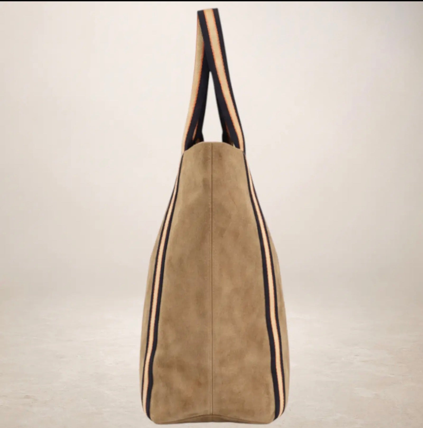 Italian Suede Leather Shopper Bag with Sporty Canvas Strap - Brown