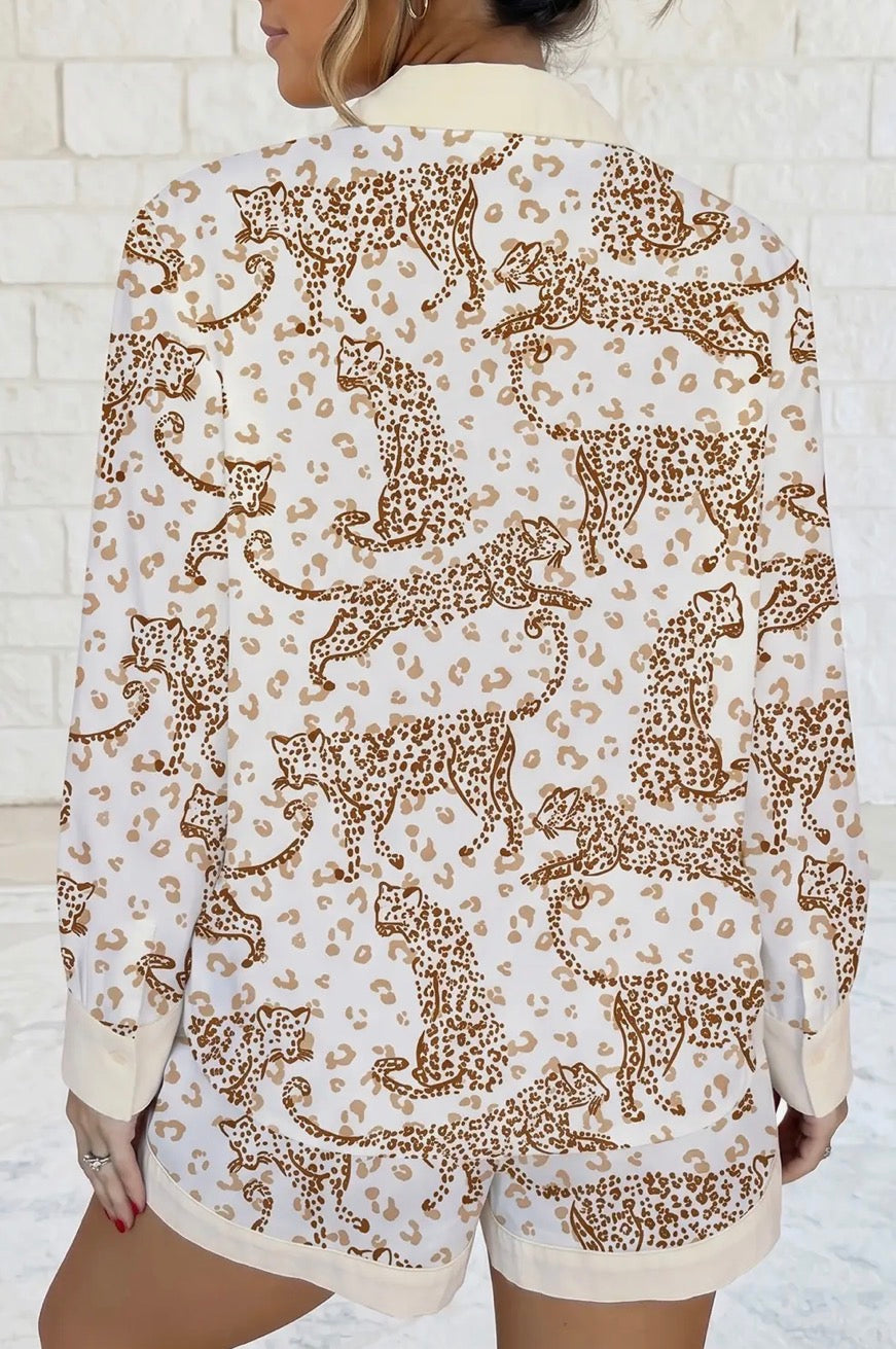 Leopard Print Collar Long Sleeve Shirt & Shorts Pajama Set