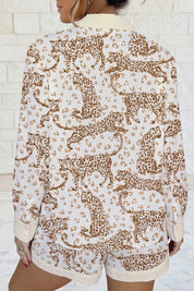 Leopard Print Collar Long Sleeve Shirt & Shorts Pajama Set