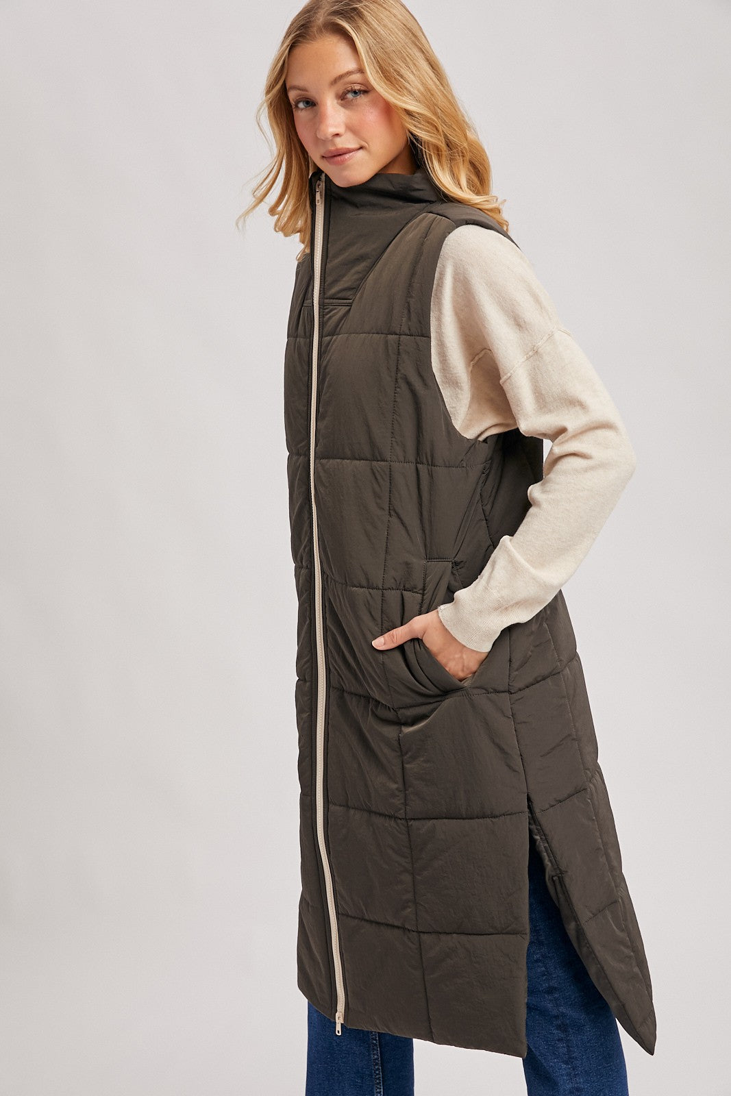 Amanda Quilted Longline Puffer Vest - Ash