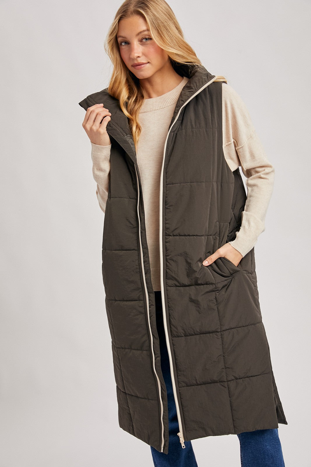 Amanda Quilted Longline Puffer Vest - Ash