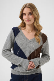 Hope Argyle Print Sweater by Cream - Grey Melange