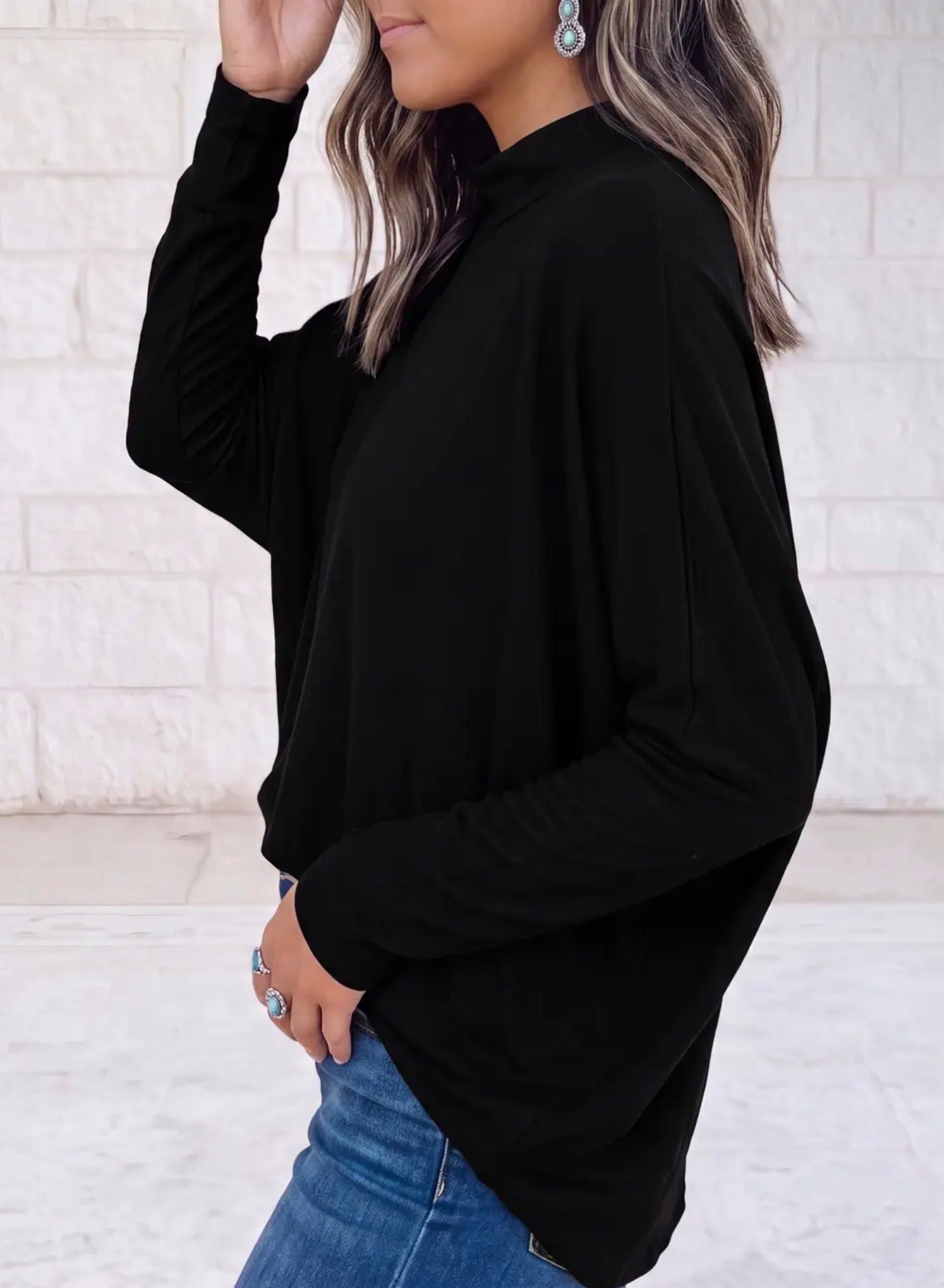 Oversized Mock Neck Long Sleeve Lightweight Layering Sweater - Black