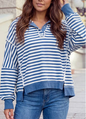 Oversized Stripe Collar Half Button Long Sleeve Striped Sweatshirt