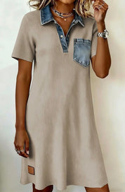 Short Sleeve Ribbed Knit Denim Patchwork Polo Collar Dress