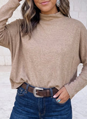 Oversized Mock Neck Long Sleeve Lightweight Layering Sweater - Taupe