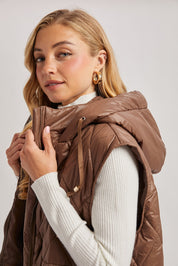 Elyse Diamond Quilted Long Hooded Vest - Coco