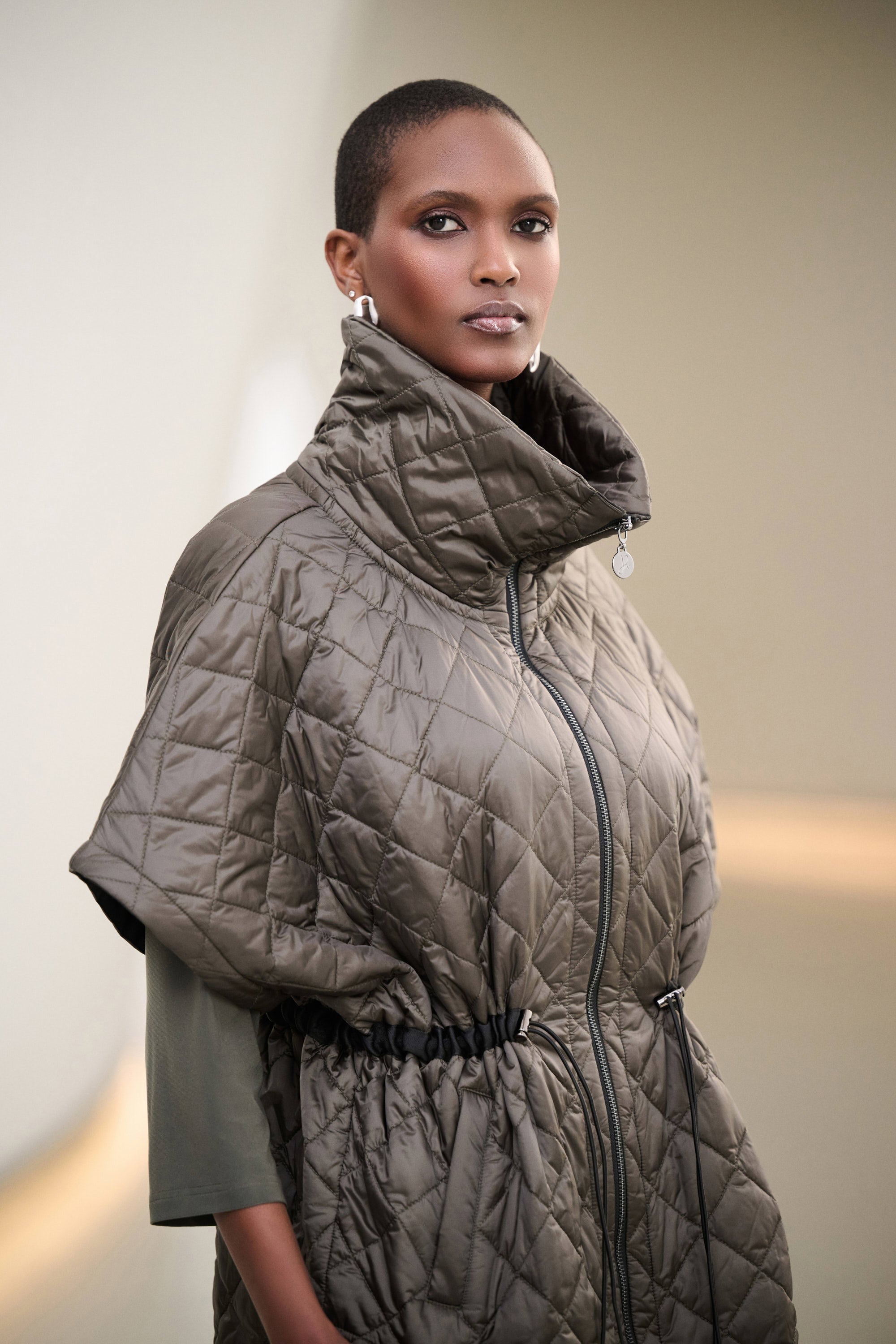 Quilted Nylon Shawl-Neck Boxy Vest 263643 by Joseph Ribkoff - avocado
