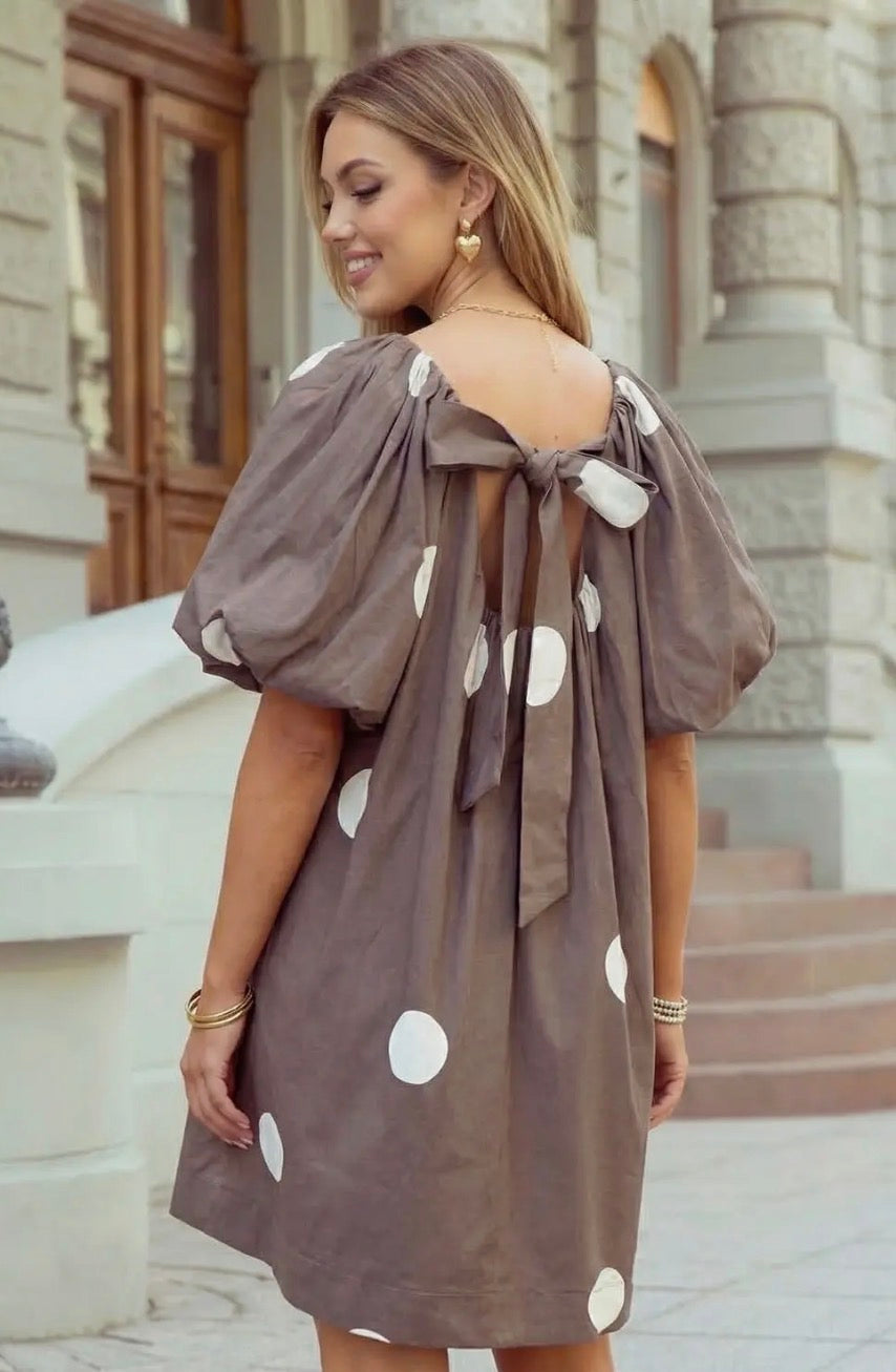 Polka Dot Print Knot Back Short Puff Sleeve Loose Mini Dress