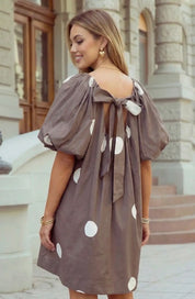 Polka Dot Print Knot Back Short Puff Sleeve Loose Mini Dress