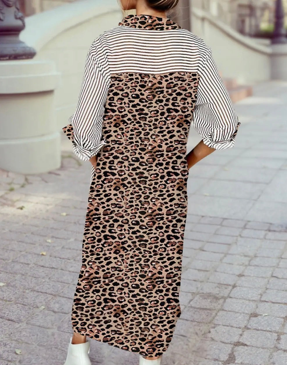 Contrast Leopard Patchwork Long Shirt Dress with Slits