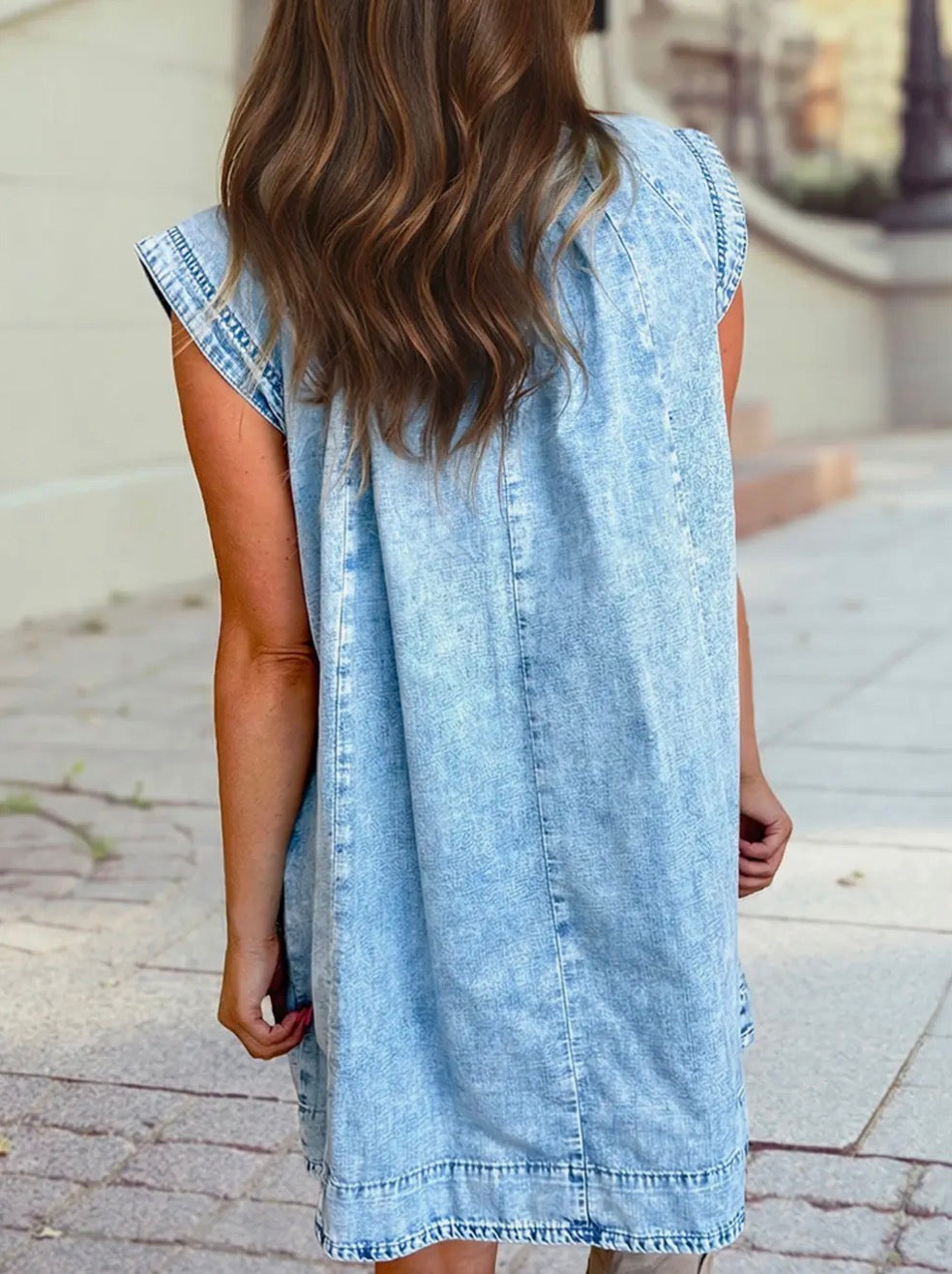 Loose Cap Sleeve Pleated Babydoll Denim Dress with Pockets