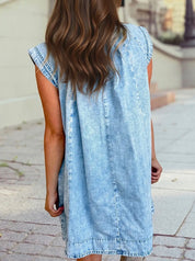 Loose Cap Sleeve Pleated Babydoll Denim Dress with Pockets
