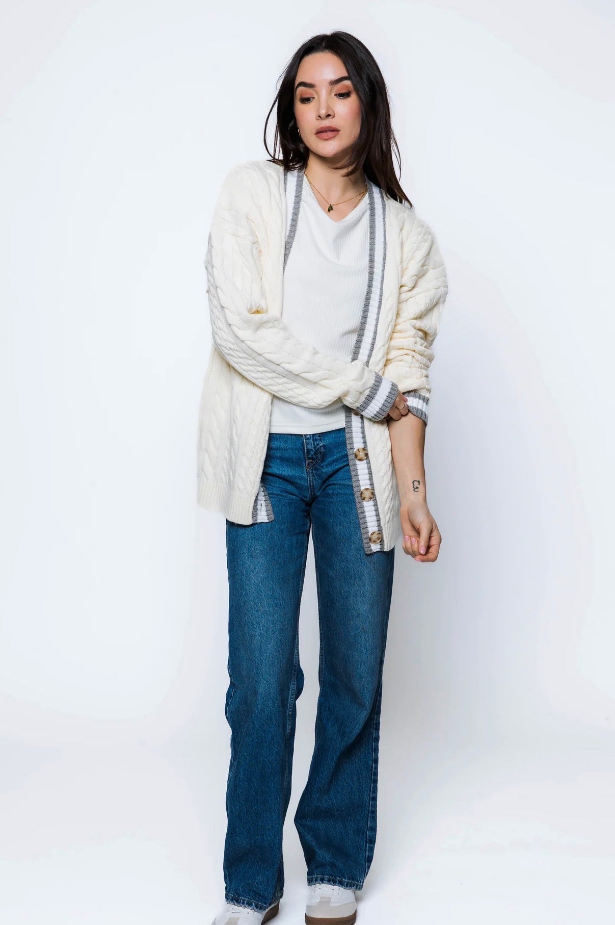Lou-Cable Knit Cardigan by Orb - winter white
