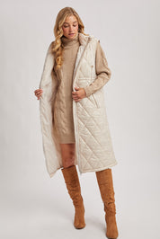Elyse Diamond Quilted Long Hooded Vest - Beige