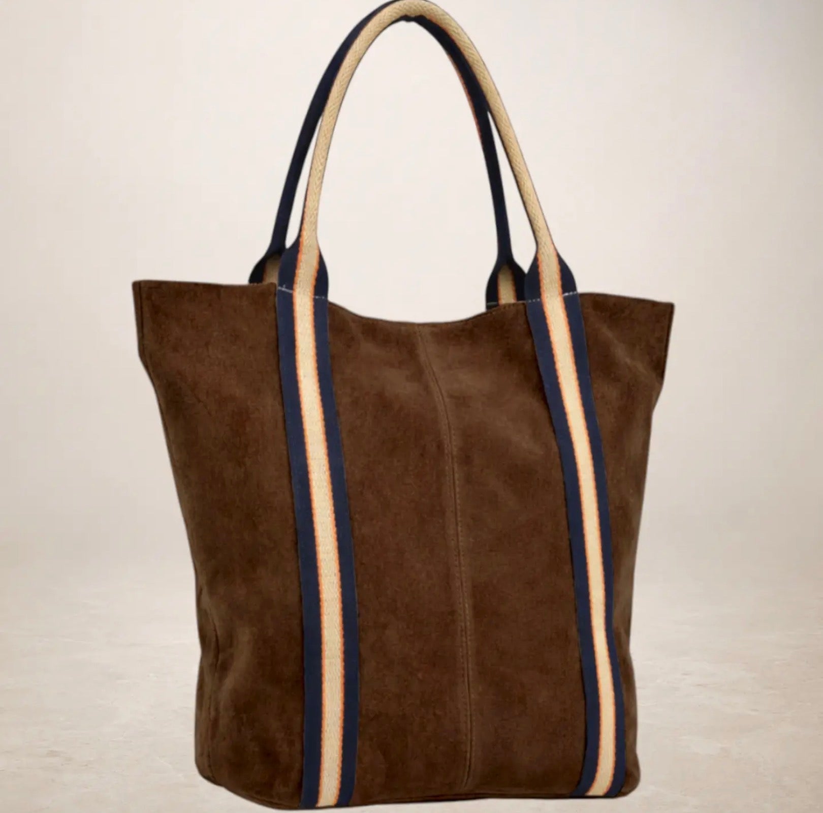 Italian Suede Leather Shopper Bag with Sporty Canvas Strap - Brown
