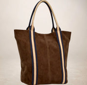 Italian Suede Leather Shopper Bag with Sporty Canvas Strap - Brown