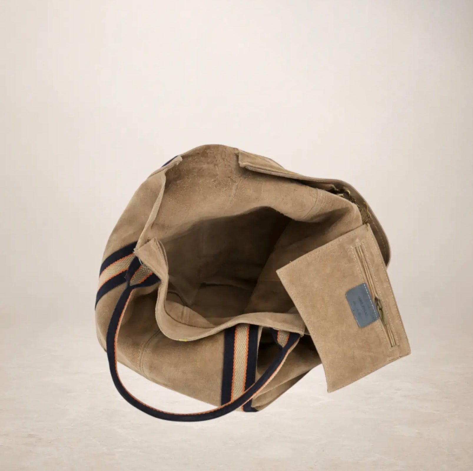 Italian Suede Leather Shopper Bag with Sporty Canvas Strap - Brown