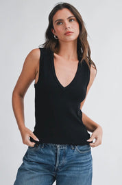 Betty Ribbed V-Neck Tank - Black