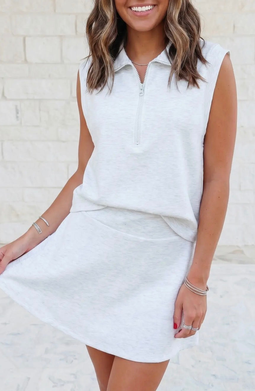Solid Color Zip Neck Tank and Skort 2 Pcs Set