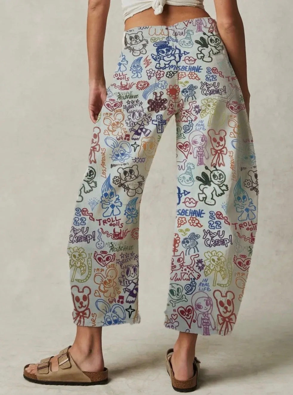 Love Star Cartoon Print Loose Midi Waist Jeans