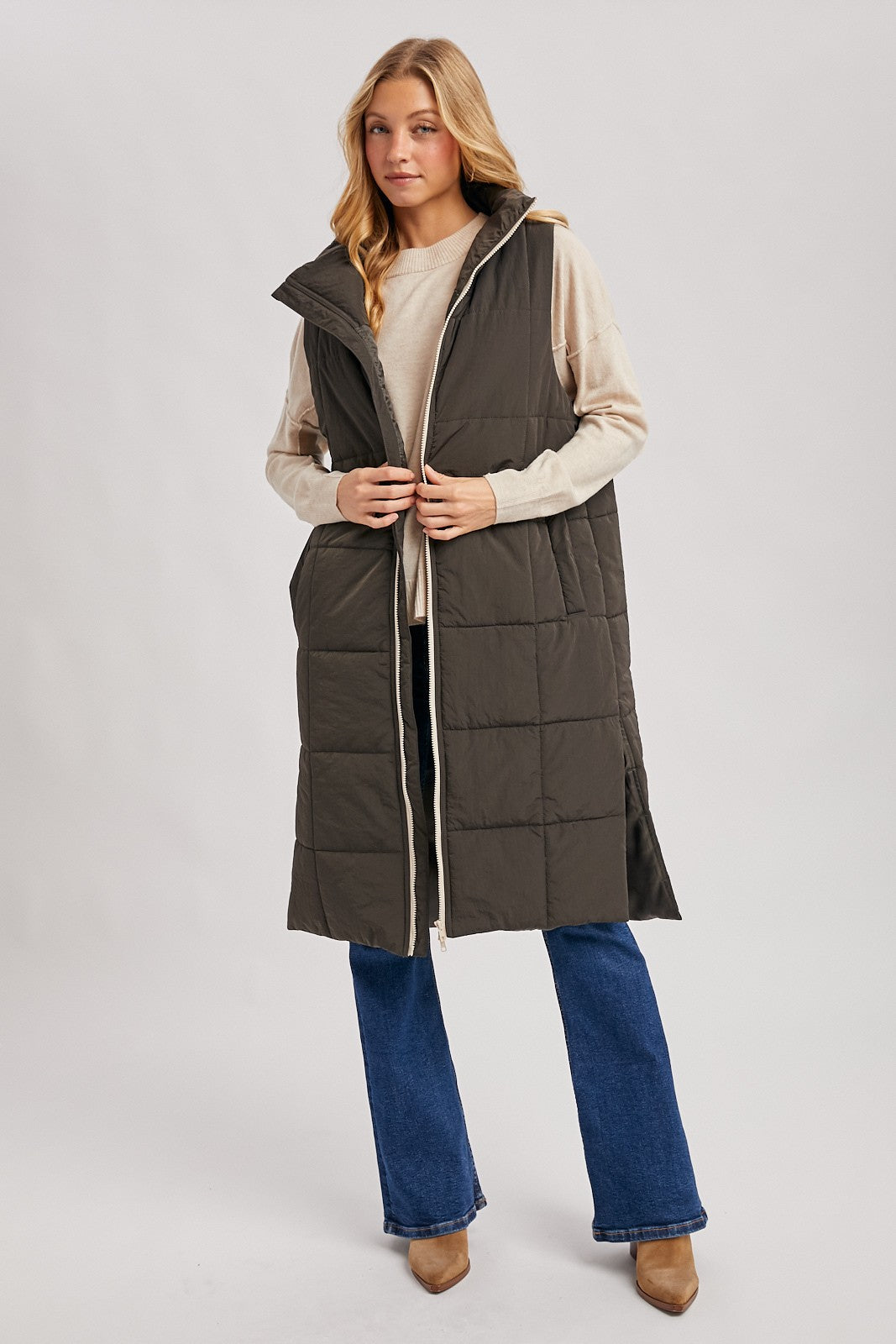 Amanda Quilted Longline Puffer Vest - Ash