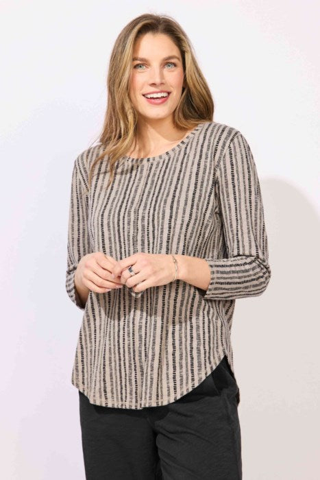 Peruvian Cotton High Lo Striped Seamed Tee E12243 by Escape - Fog