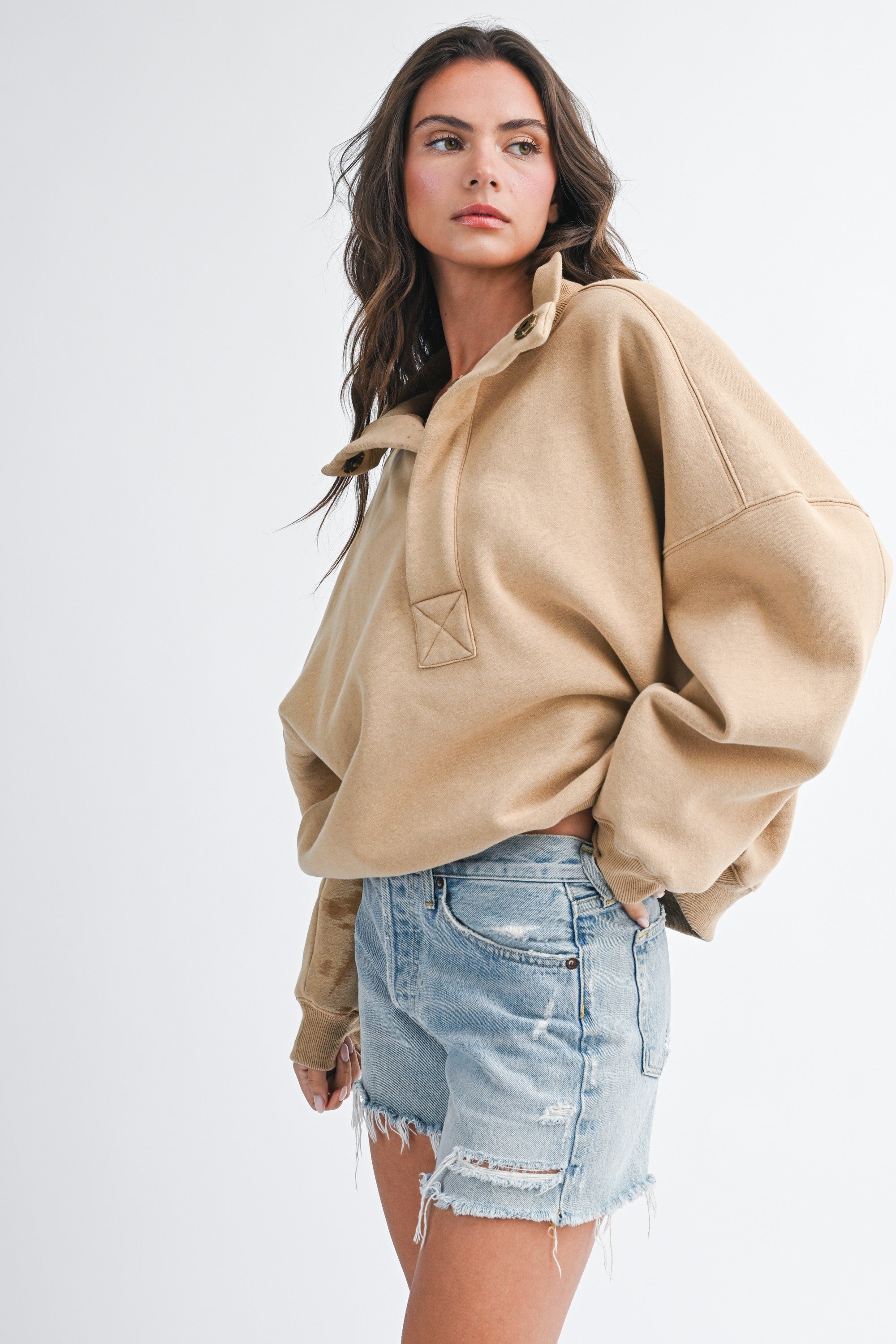Carmen Oversized Snap Neck Pullover Sweatshirt