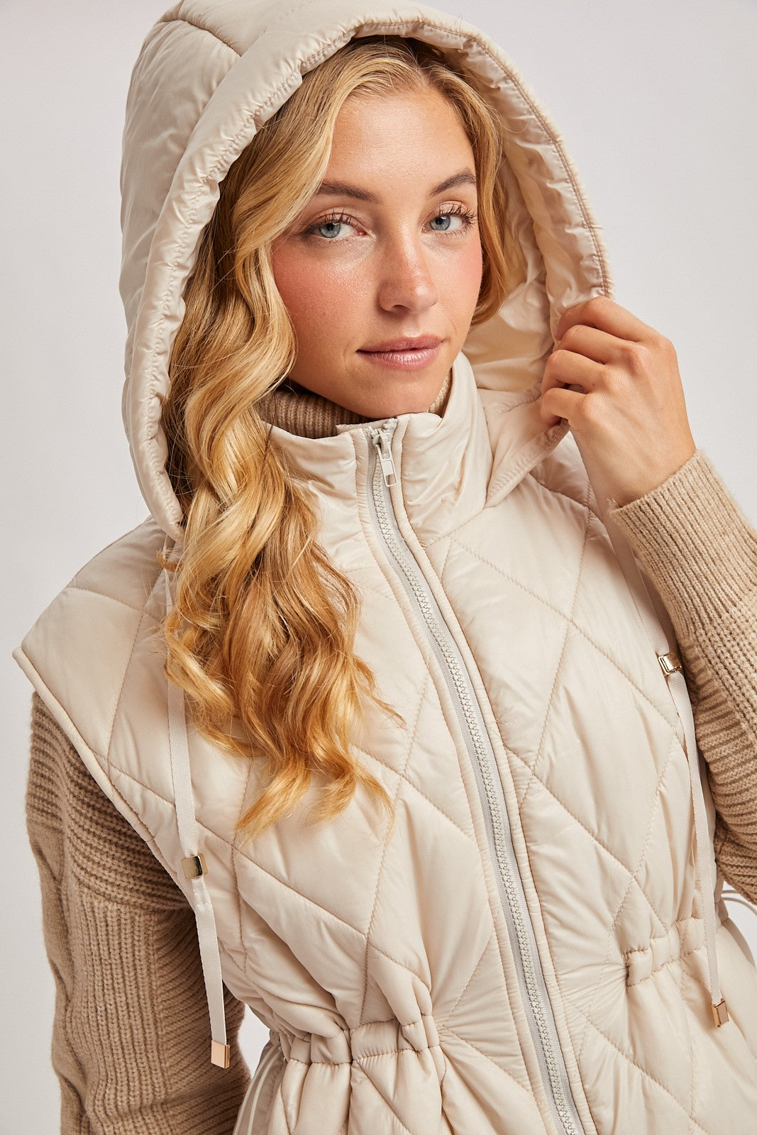 Elyse Diamond Quilted Long Hooded Vest - Beige