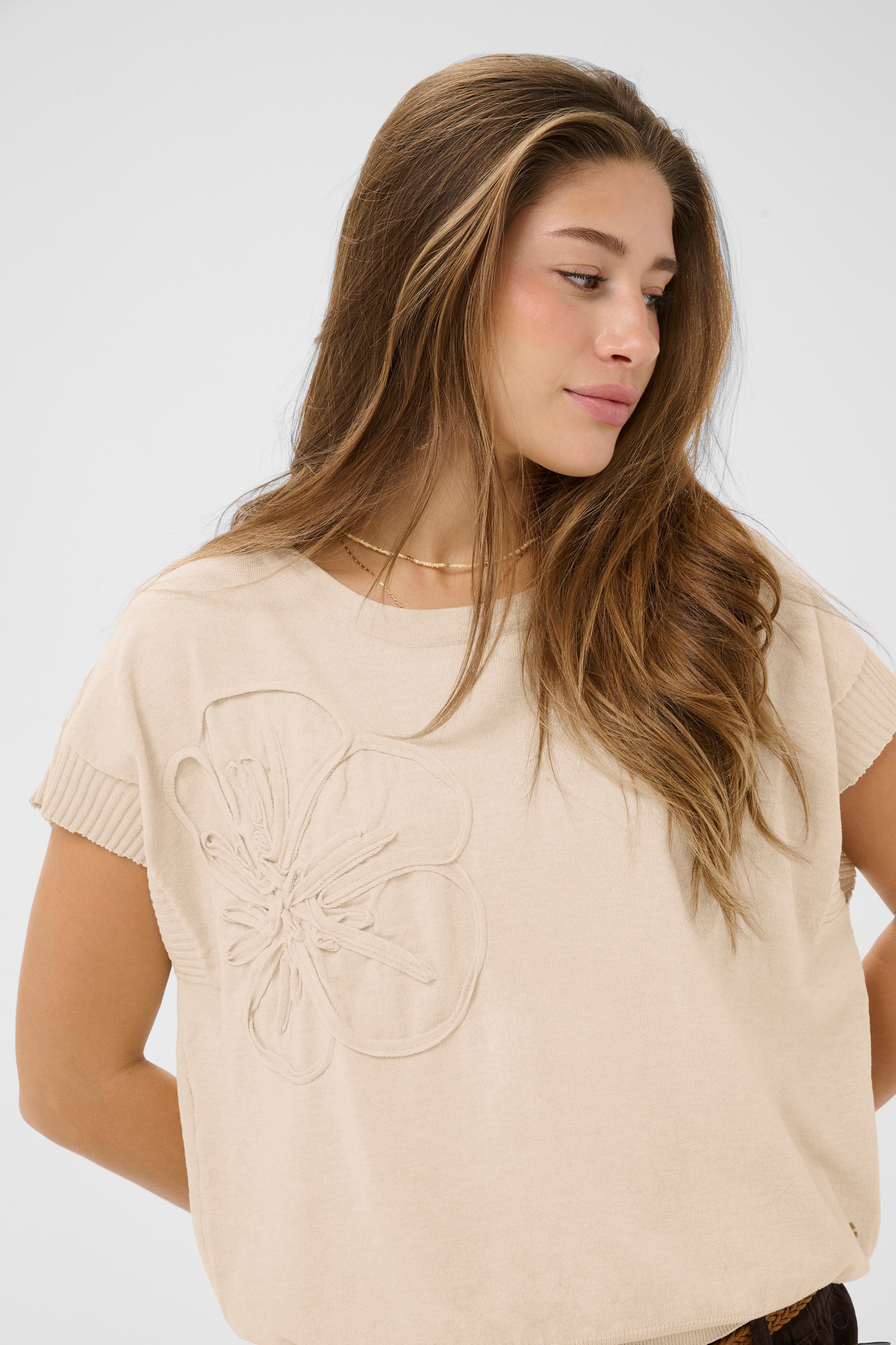 Dela Knit Slipover with Deco - Oat Melange