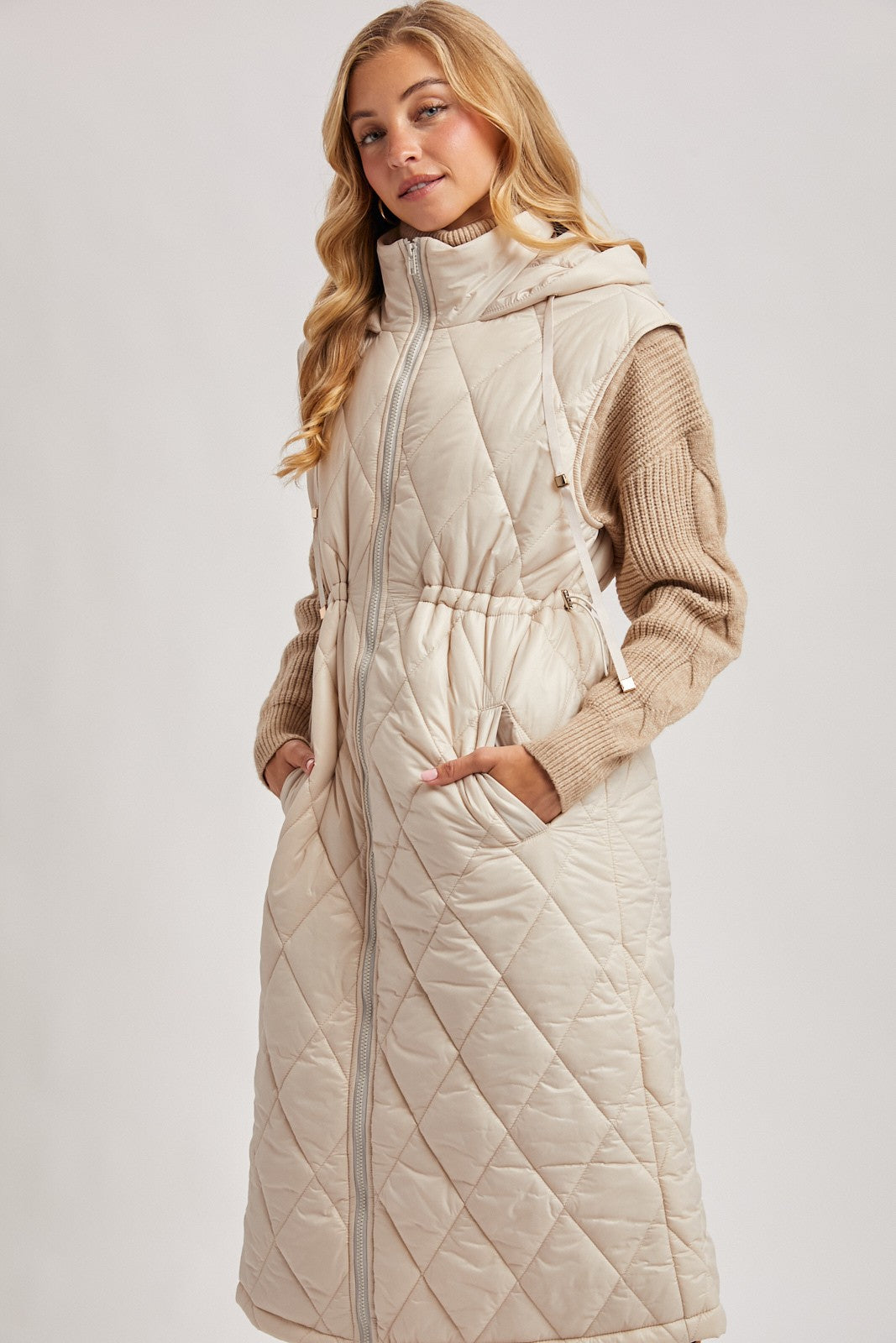 Elyse Diamond Quilted Long Hooded Vest - Beige