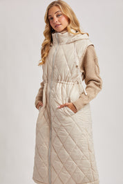 Elyse Diamond Quilted Long Hooded Vest - Beige