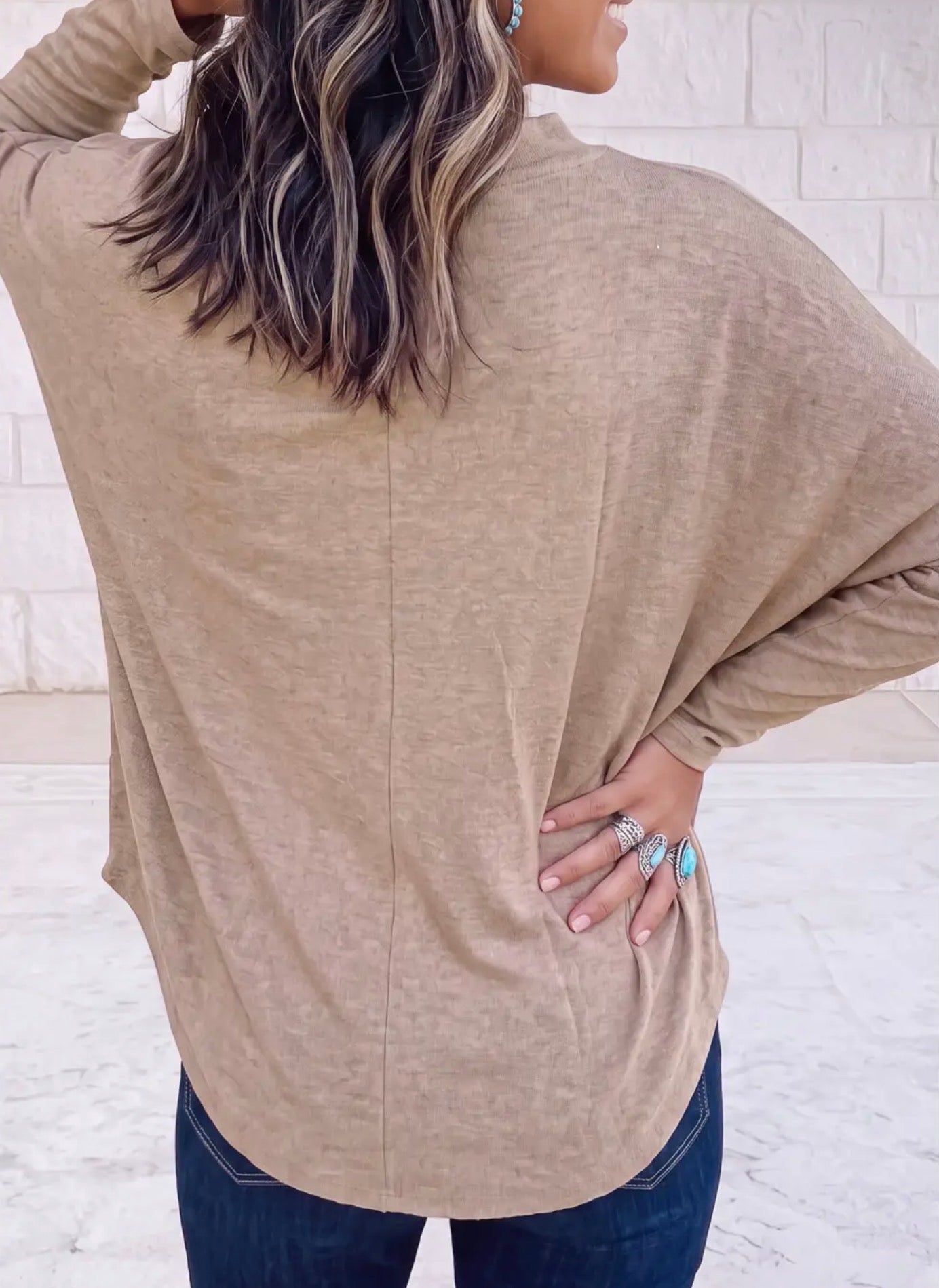 Oversized Mock Neck Long Sleeve Lightweight Layering Sweater - Taupe