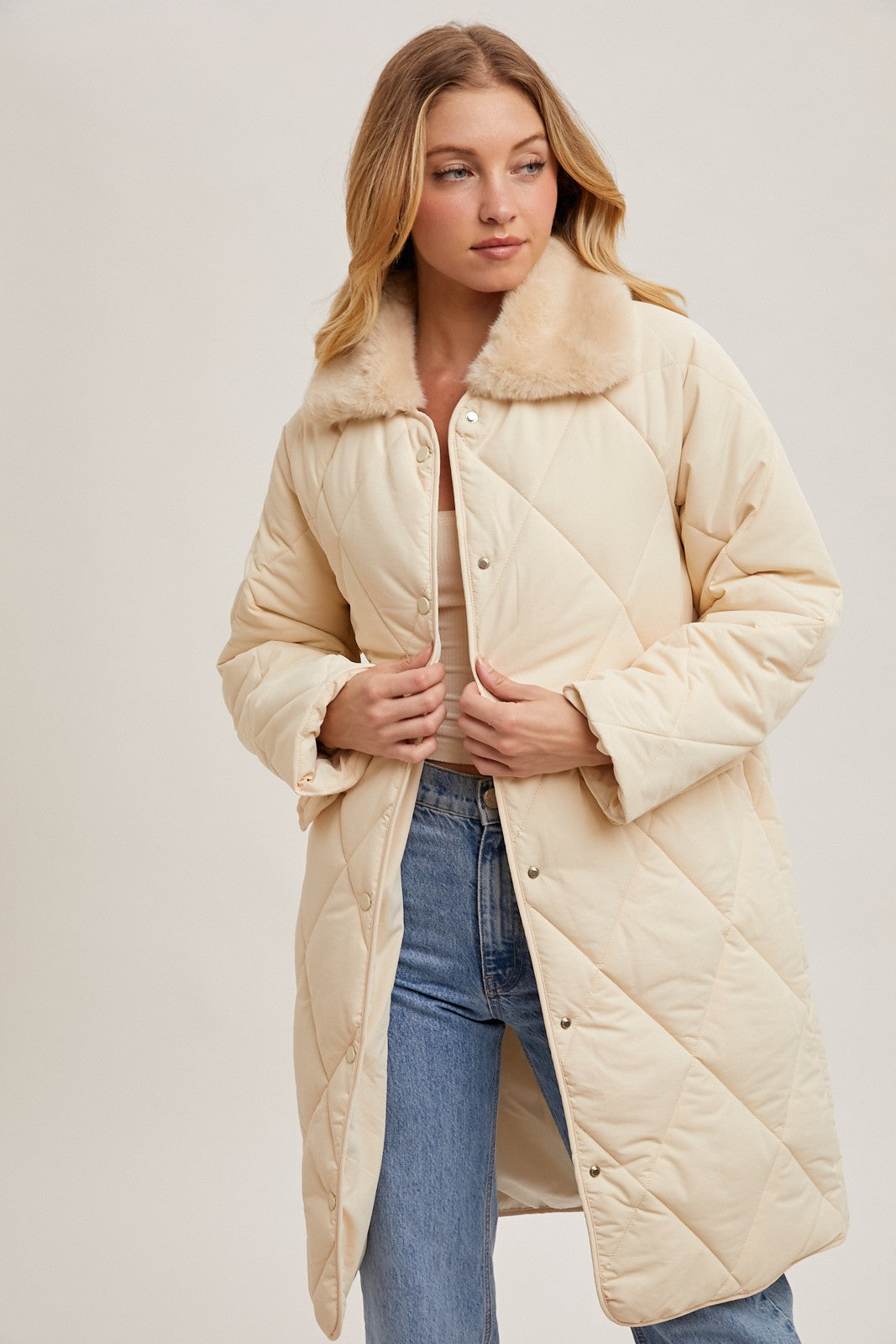 Gillian Quilted Puffer Midi Jacket -Ecru