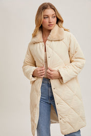 Gillian Quilted Puffer Midi Jacket -Ecru