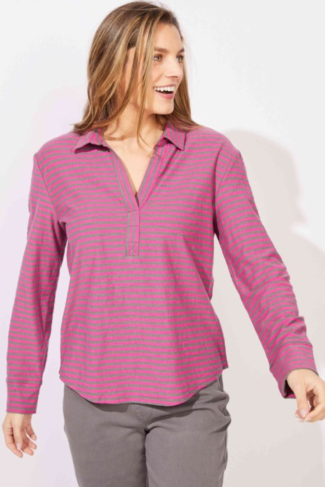 ESCAPE BY HABITAT PRIMO SPLIT NECK STRIPED TOP E23544 - Fuchsia