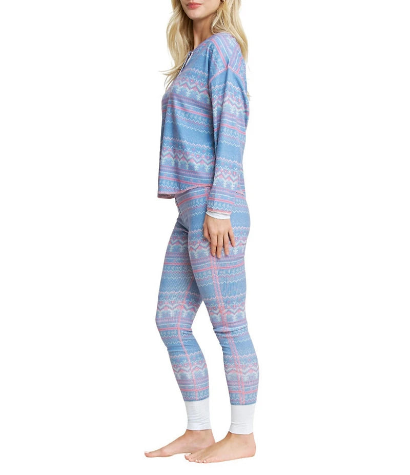 Daybreak Fair Isle Print Long Sleeve Ribbed Jersey Knit Long Holiday Pajama Set