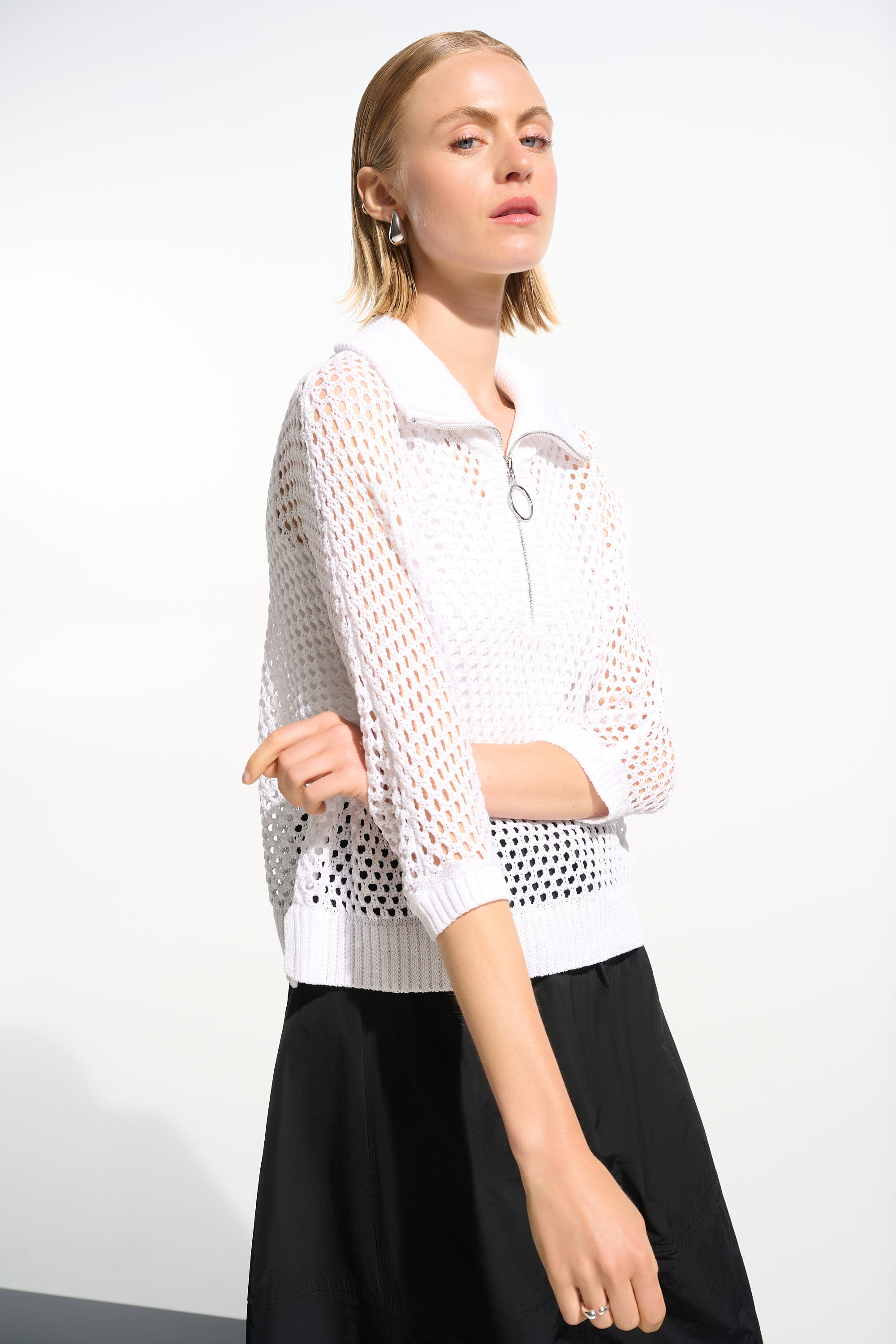 Vicscose Blend Boxy Sweater Knit With Zipped Neckline in White 261634