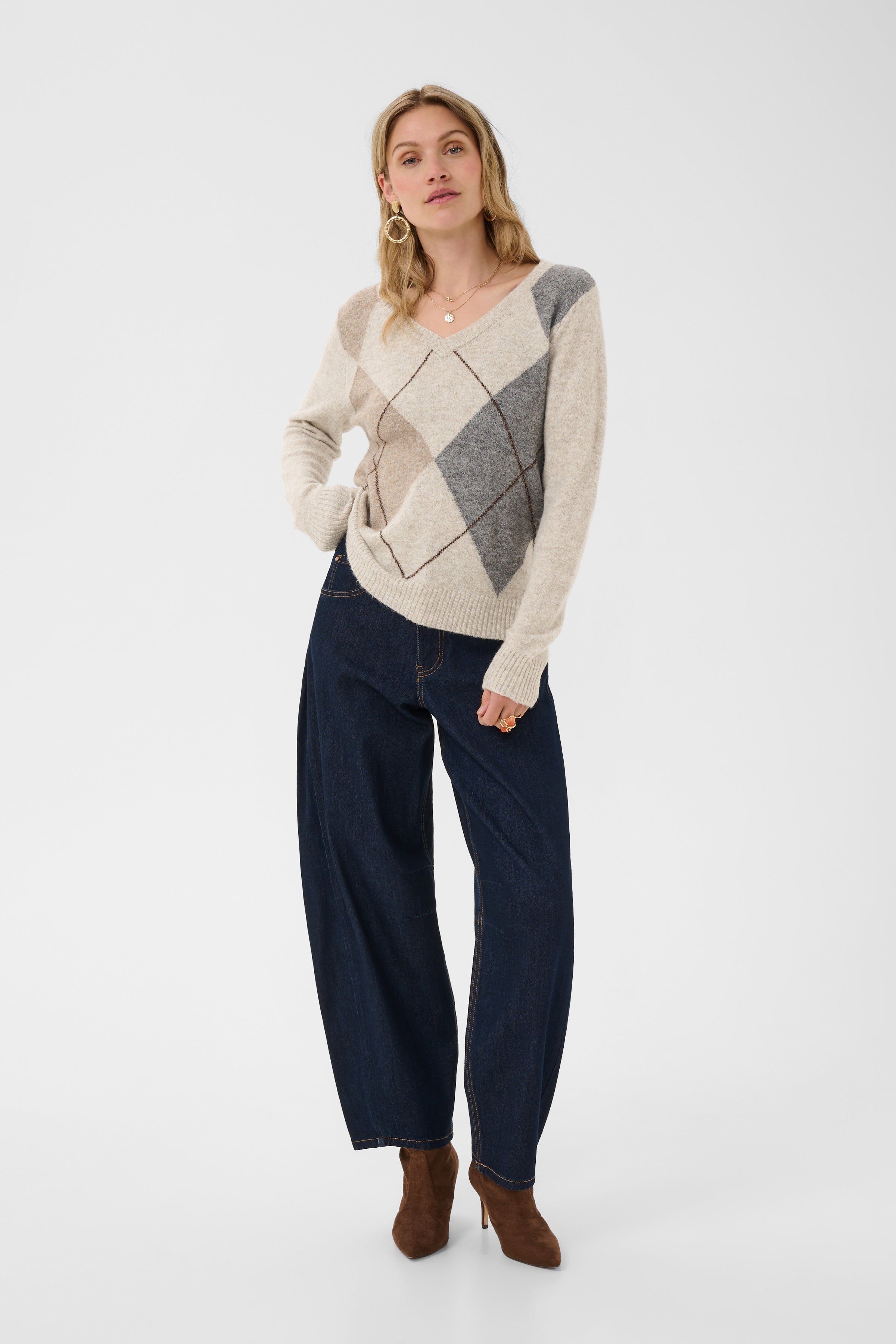 Hope Argyle Print Sweater by Cream - Oat Melange