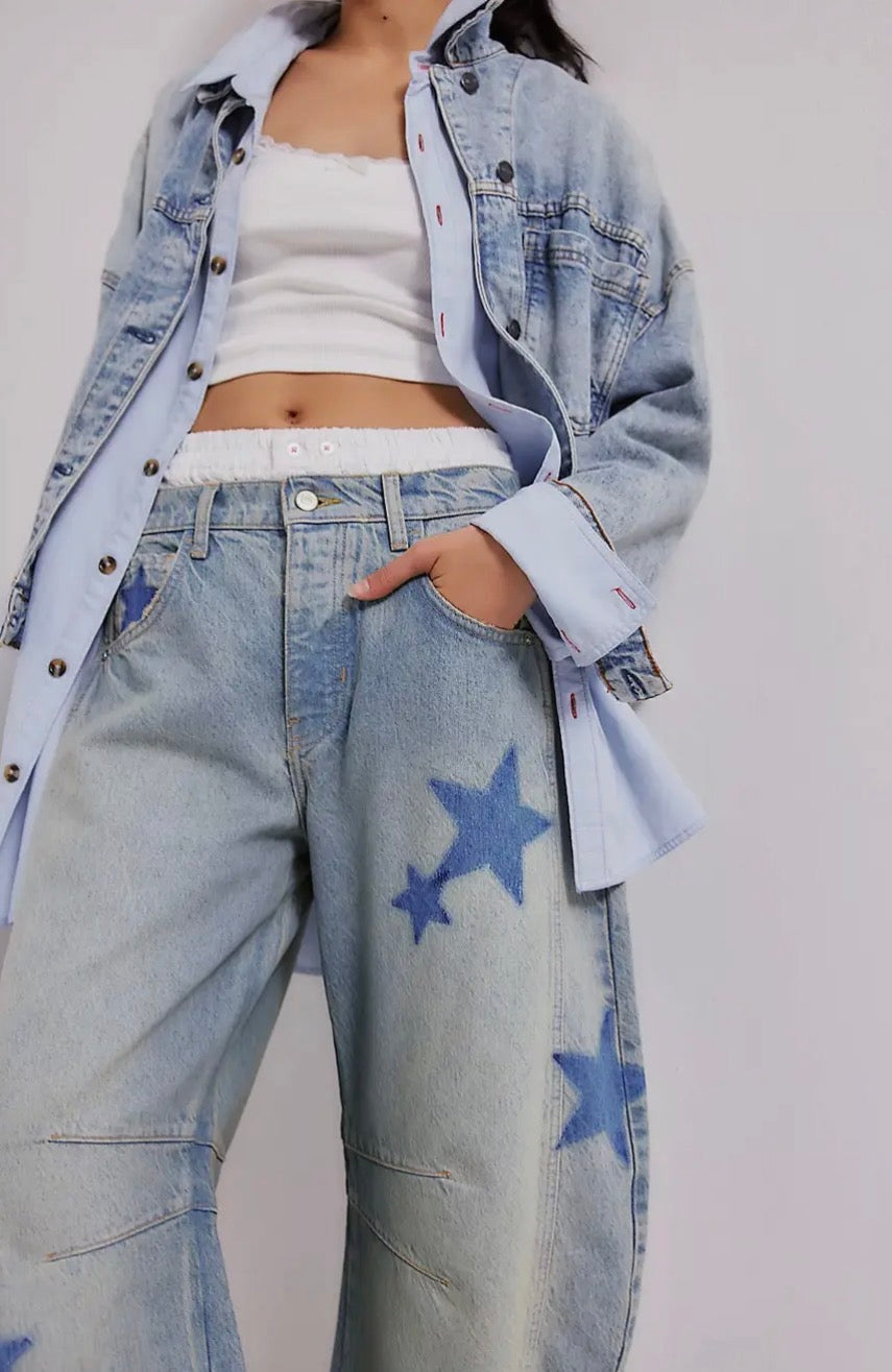 Love Star Print Loose Midi Waist Jeans