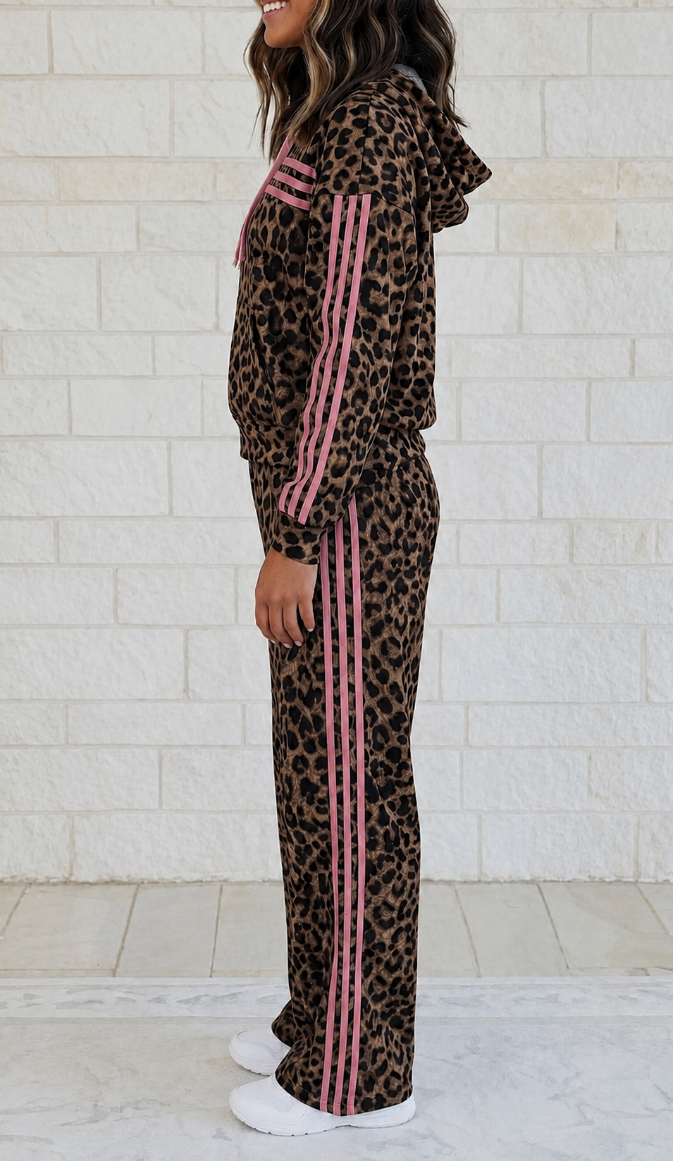 Leopard Print Contrast Striped Long Sleeve Top Pant Set