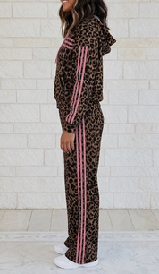 Leopard Print Contrast Striped Long Sleeve Top Pant Set