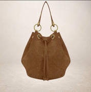 Italian Suede Leather Bucket Bag - Brown