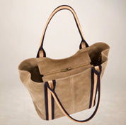 Italian Suede Leather Shopper Bag with Sporty Canvas Strap - Tan