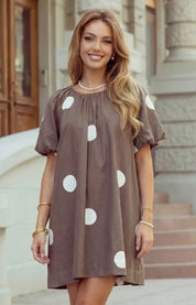 Polka Dot Print Knot Back Short Puff Sleeve Loose Mini Dress