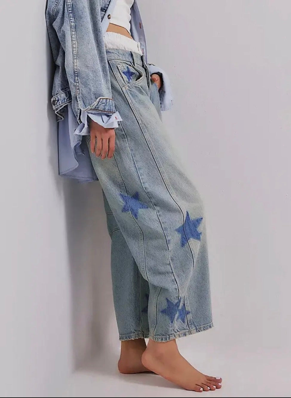 Love Star Print Loose Midi Waist Jeans